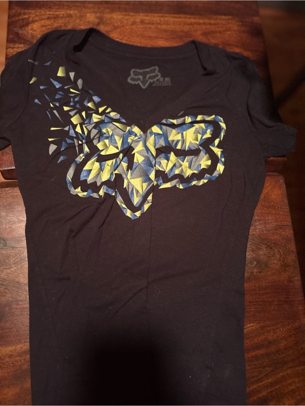 Fox Black Short Sleeve Tee with Yellow & Blue Geometric Butterfly